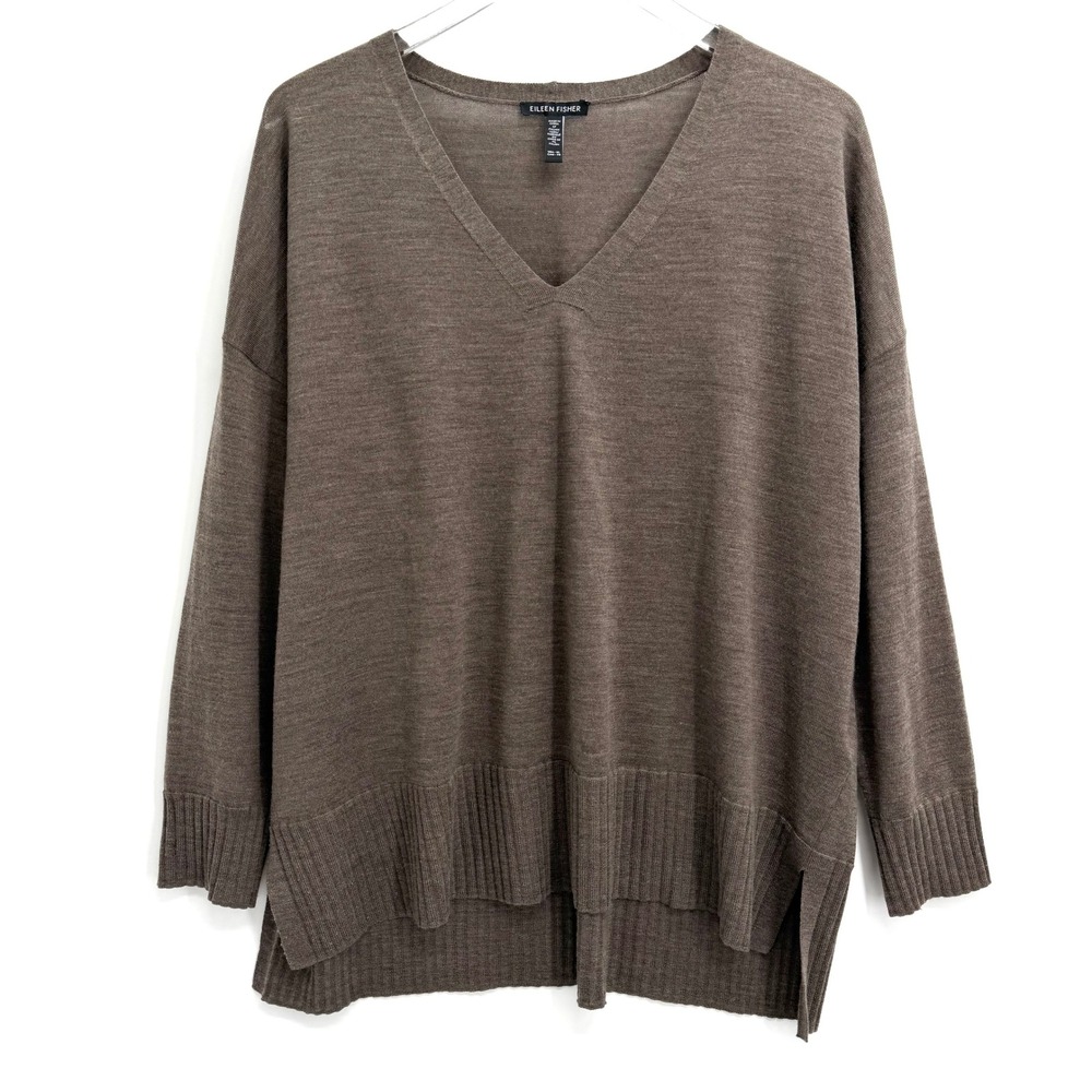 Eileen Fisher Extra Fine Merino Wool Sweater XL Italian Yarn V-Neck Brown
